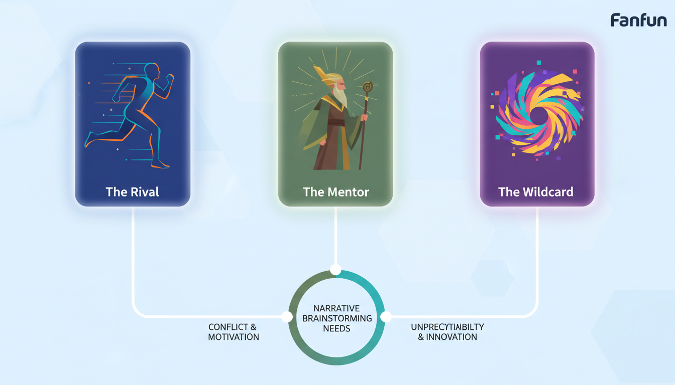 An infographic showing different AI character archetypes and their corresponding roles in story brainstorming.