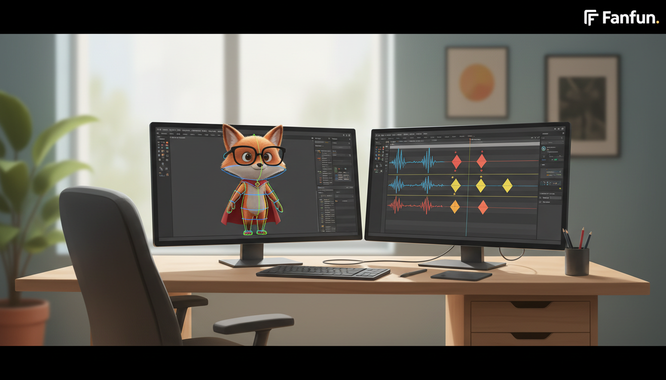Dual-monitor setup showing a 3D character rigging software and an audio timeline with waveforms for lip-syncing.