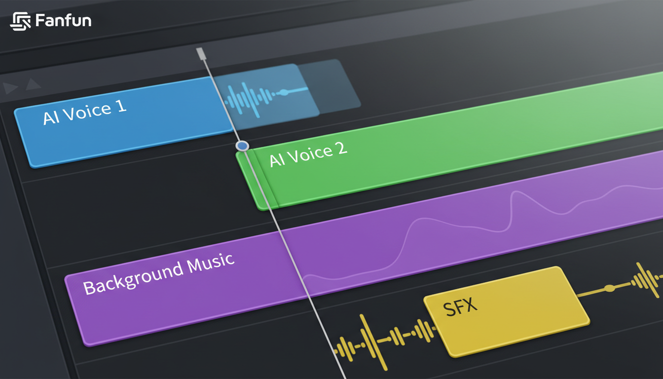Close-up of a video editing software timeline showing multi-track AI voice clips arranged for natural conversation flow.