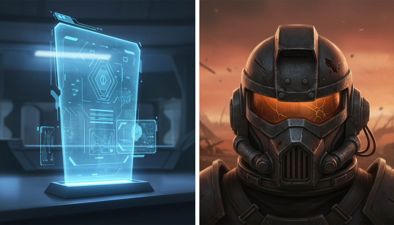 A split visual showing a sleek blue AI interface on the left and a battle-worn space marine helmet on the right.