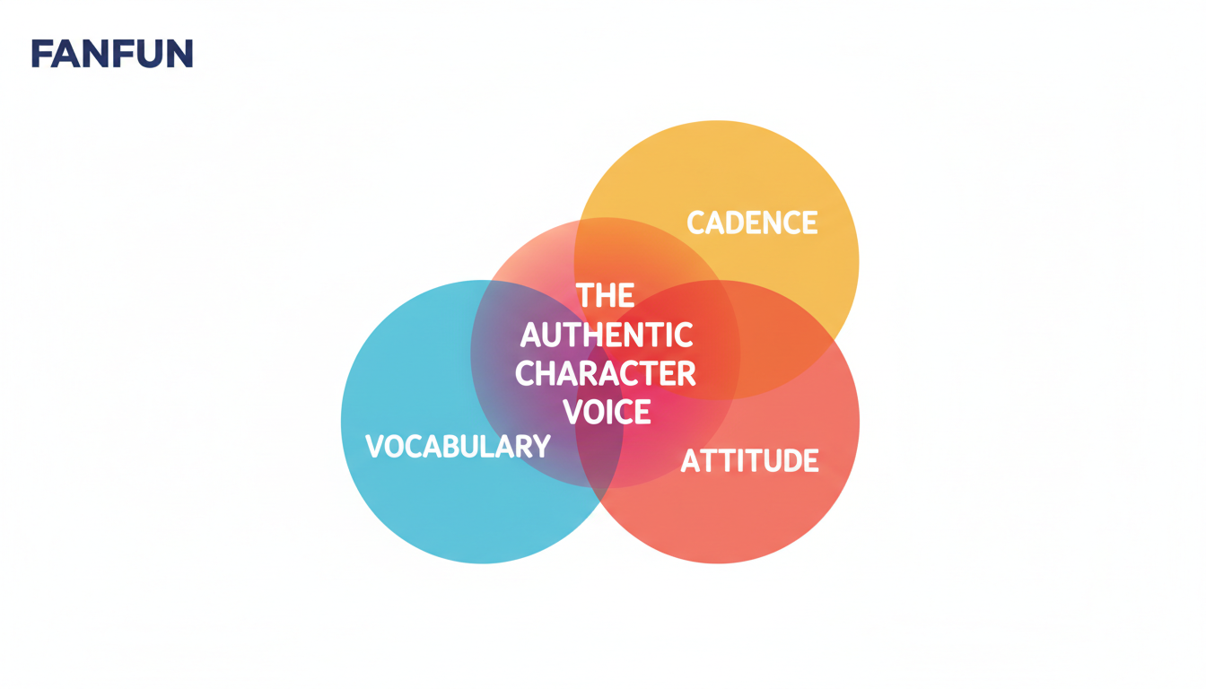 An infographic diagram illustrating the three pillars of character voice: vocabulary, cadence, and attitude.