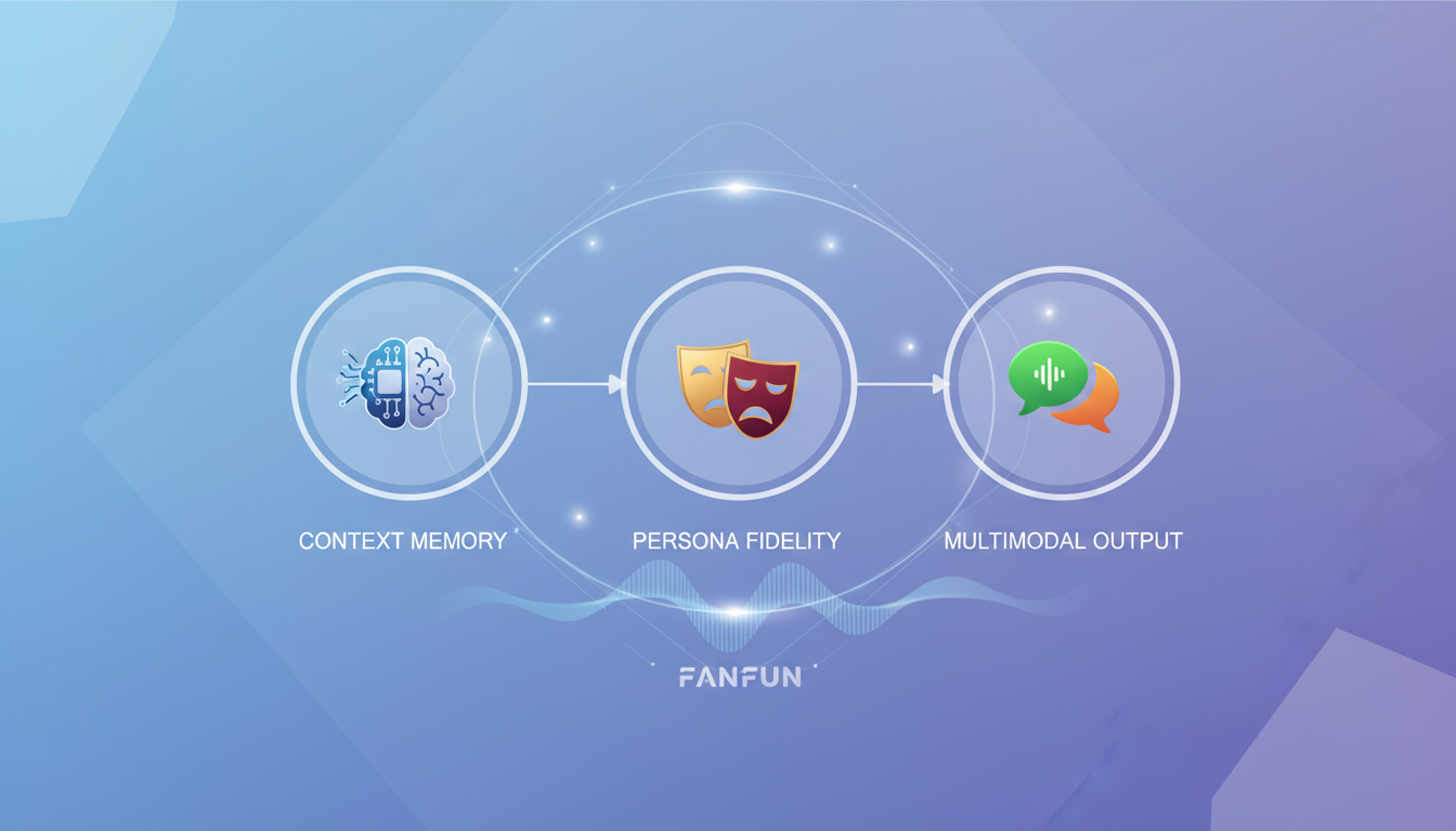 An infographic showing the three pillars of AI roleplay: Context Memory, Persona Fidelity, and Multimodal Output.