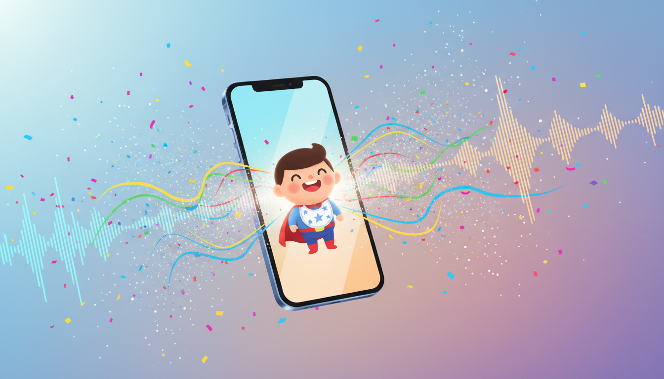 A stylized smartphone playing a custom character video message with confetti and soundwaves, representing a personalized virtual baby shower gift.