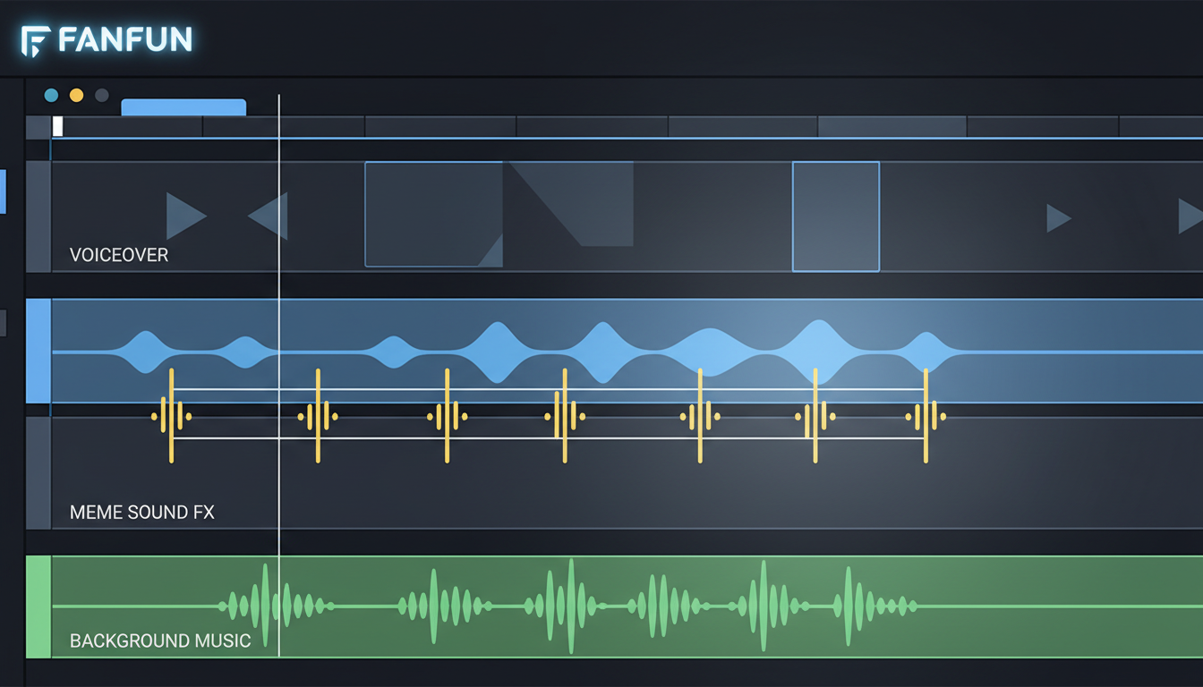 Close-up view of a digital video editor timeline showing layered tracks for voiceovers, background music, and sound effects aligned with video transitions.