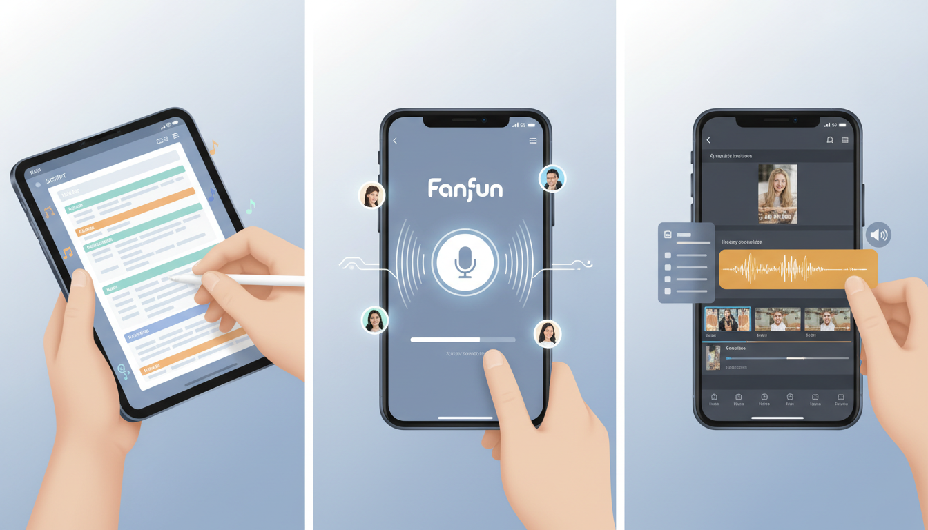 An infographic illustrating the three-step workflow of scripting, generating with Fanfun, and importing custom voice tracks into a video editor.