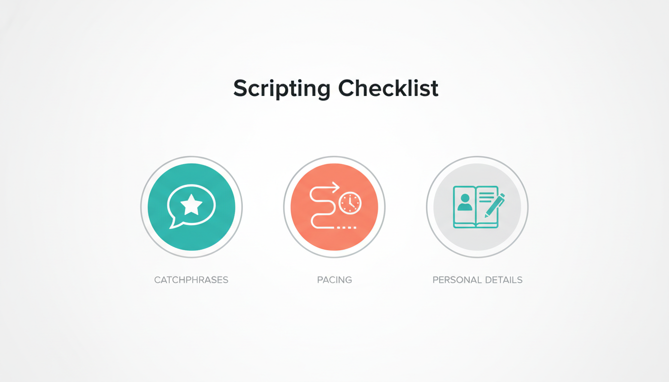 An infographic checklist outlining the key steps to scripting a fictional character video, including catchphrases and pacing.