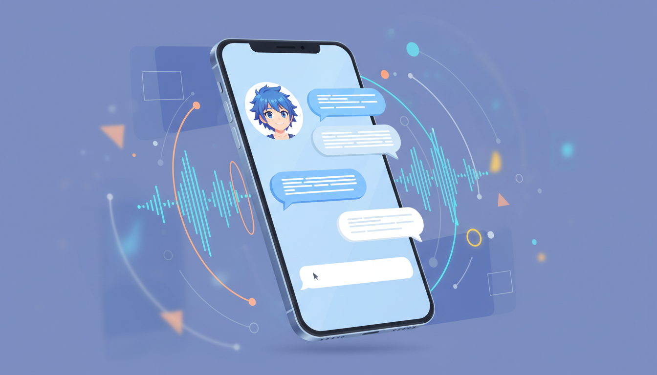 A smartphone interface showcasing a two-way interactive AI chat session and dynamic voiceover generation waves.