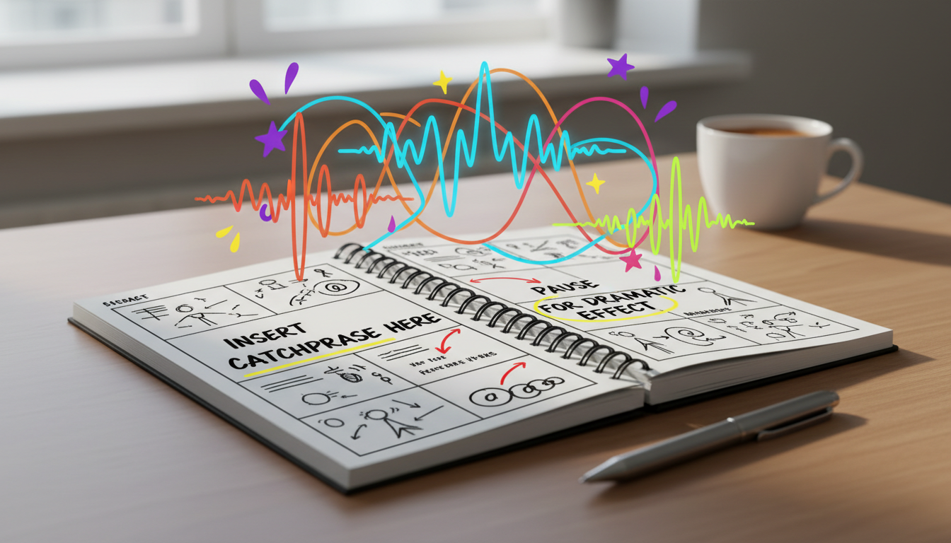 Close-up of a physical storyboard notebook with handwritten script notes and colorful digital audio waveforms floating above the page.