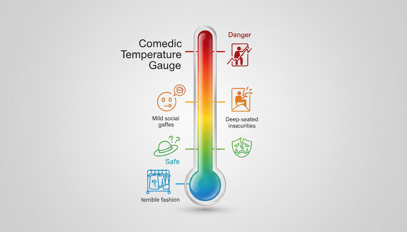 An infographic diagram depicting safe versus unsafe comedy roast topics on a temperature scale.
