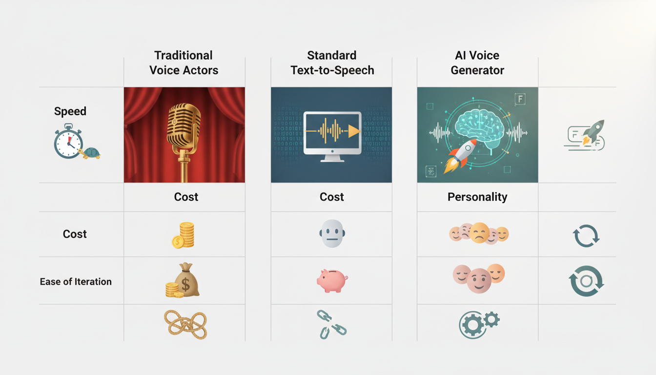 A comparison matrix comparing traditional voice actors, standard TTS, and Fanfun AI voice generation.