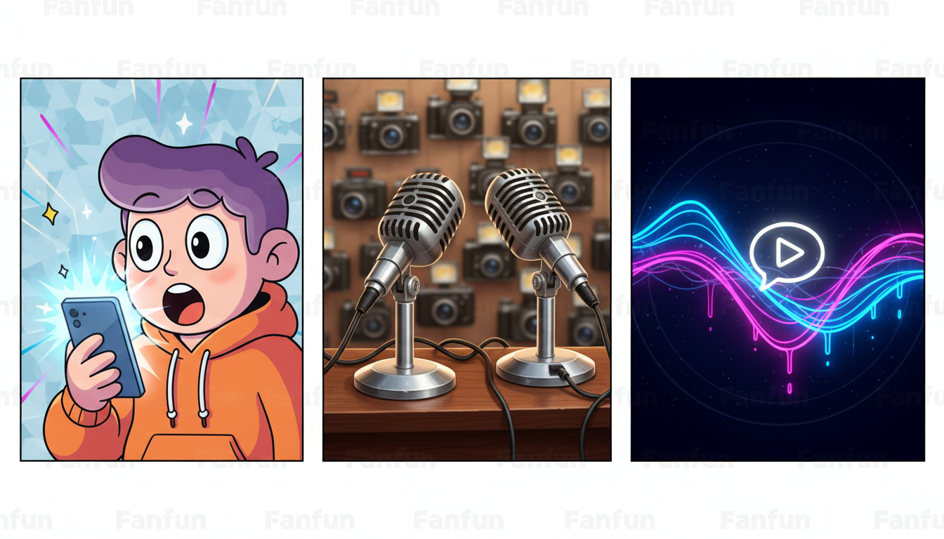 Storyboard frames showing creative product launch video concepts including cartoon endorsements and simulated press conferences.
