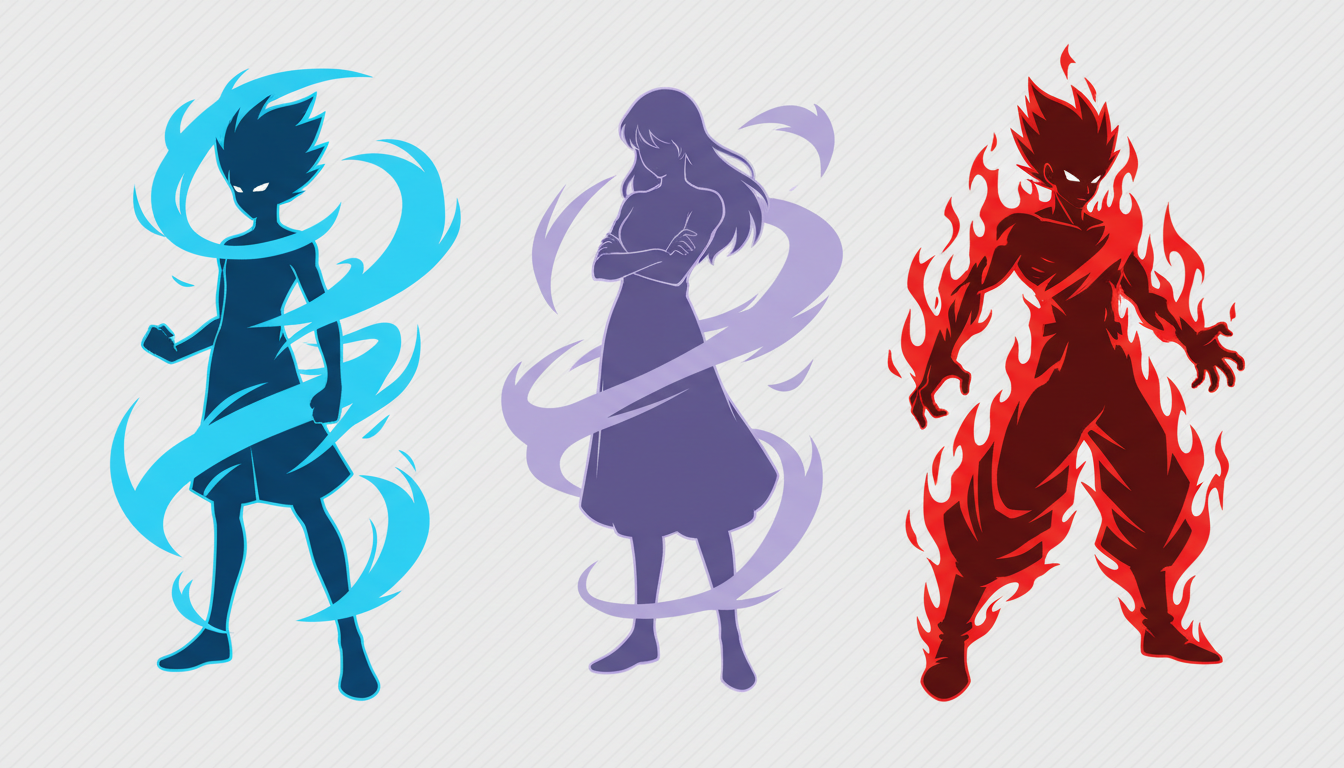 Three anime character silhouettes representing different vocal archetypes: the underdog, the prodigy, and the rival.