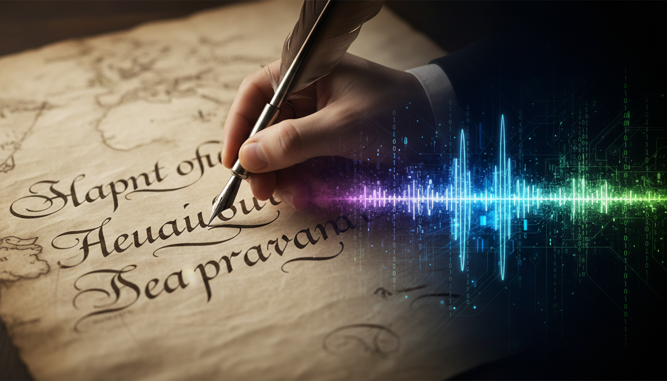 A split-screen showing classical calligraphy transitioning into glowing digital soundwaves.