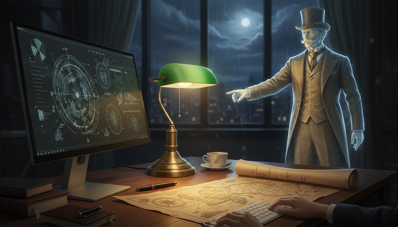 An artist's rendering of a writer collaborating on a map with a glowing, holographic historical character.