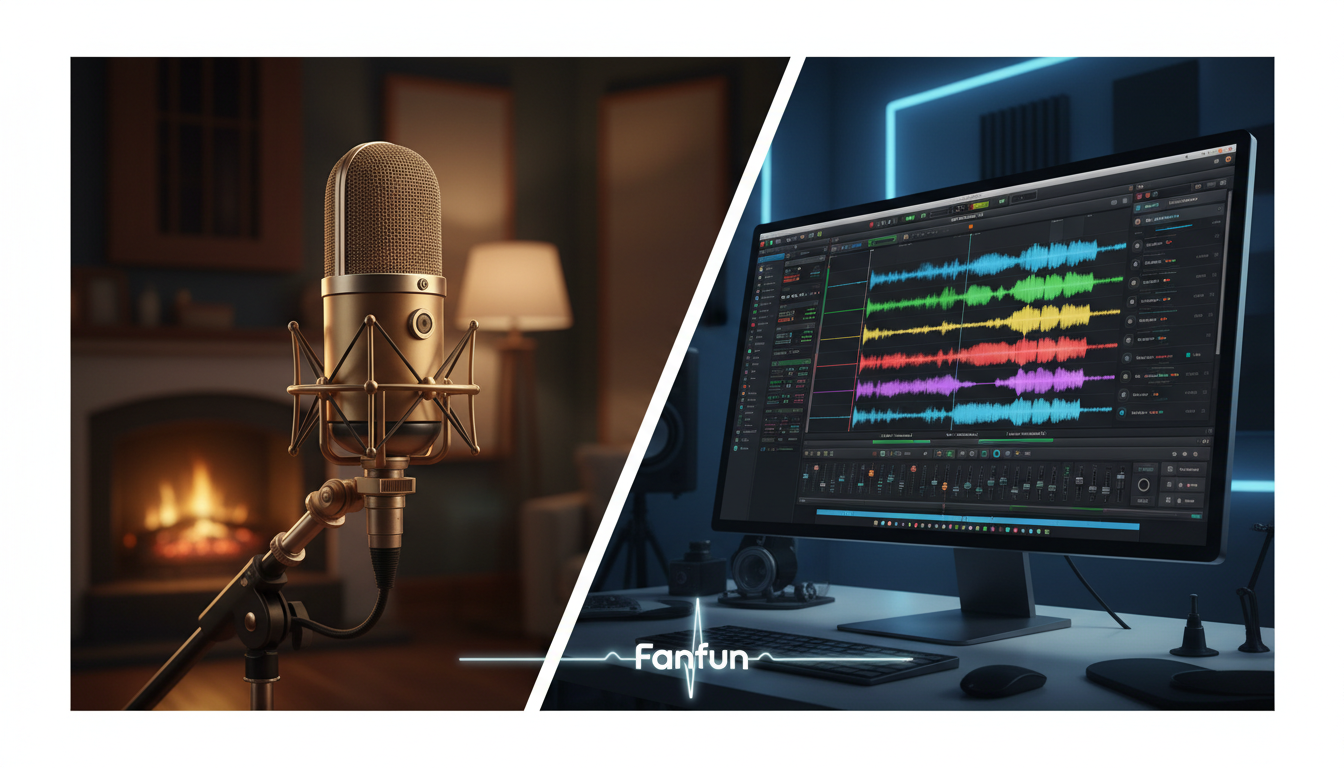 A visual comparison of a classic narrator microphone and a multi-track digital audio workstation representing character dialogue.