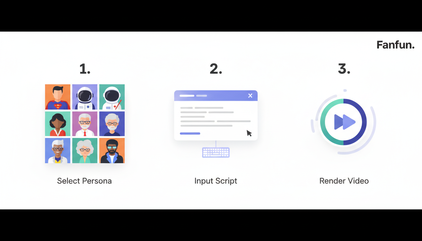 A three-step infographic illustrating the process of selecting a character, typing a script, and rendering an AI video message.