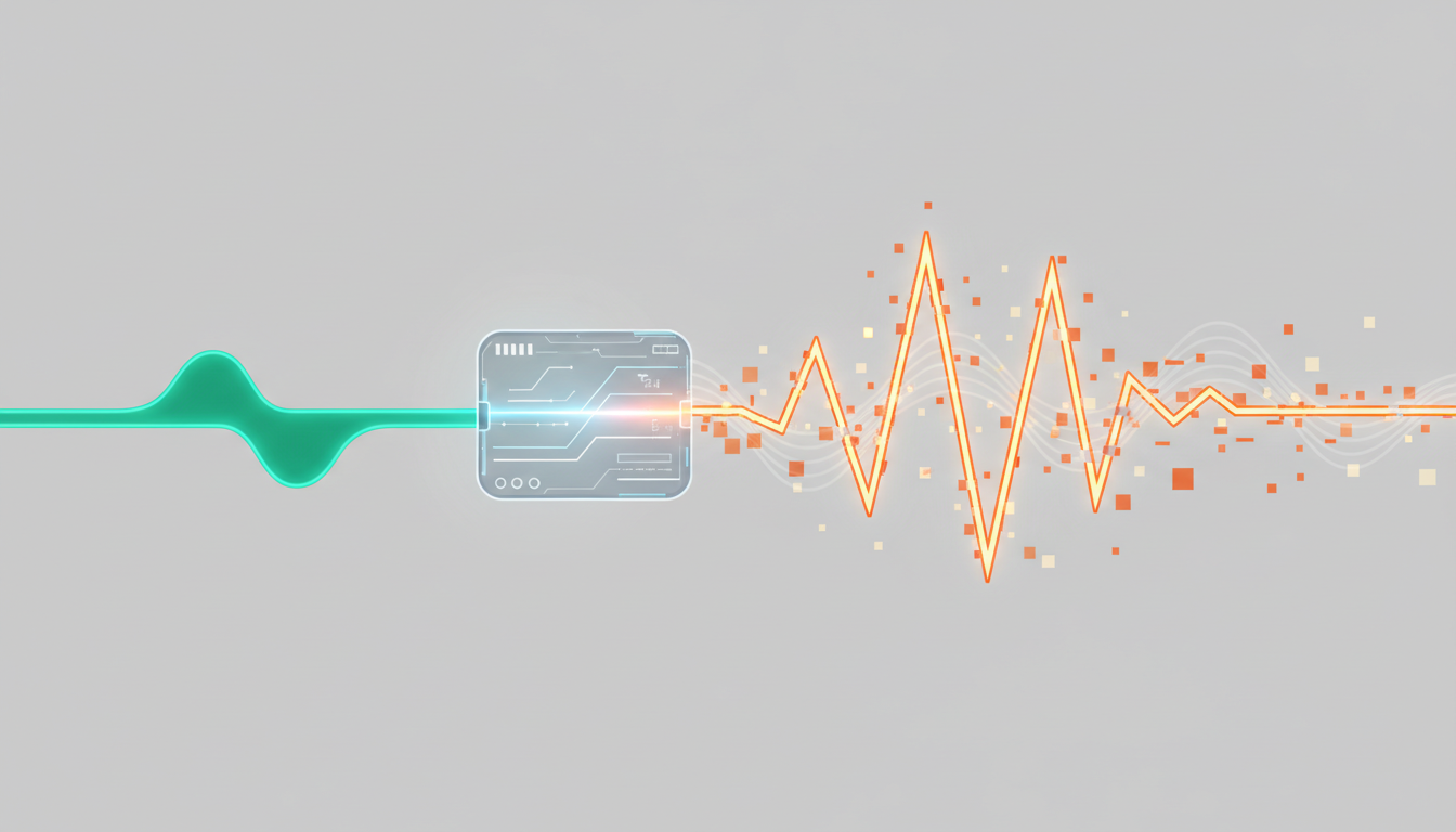 An audio wave graphic showing a clean soundwave transforming into a distorted, sci-fi radio transmission wave.