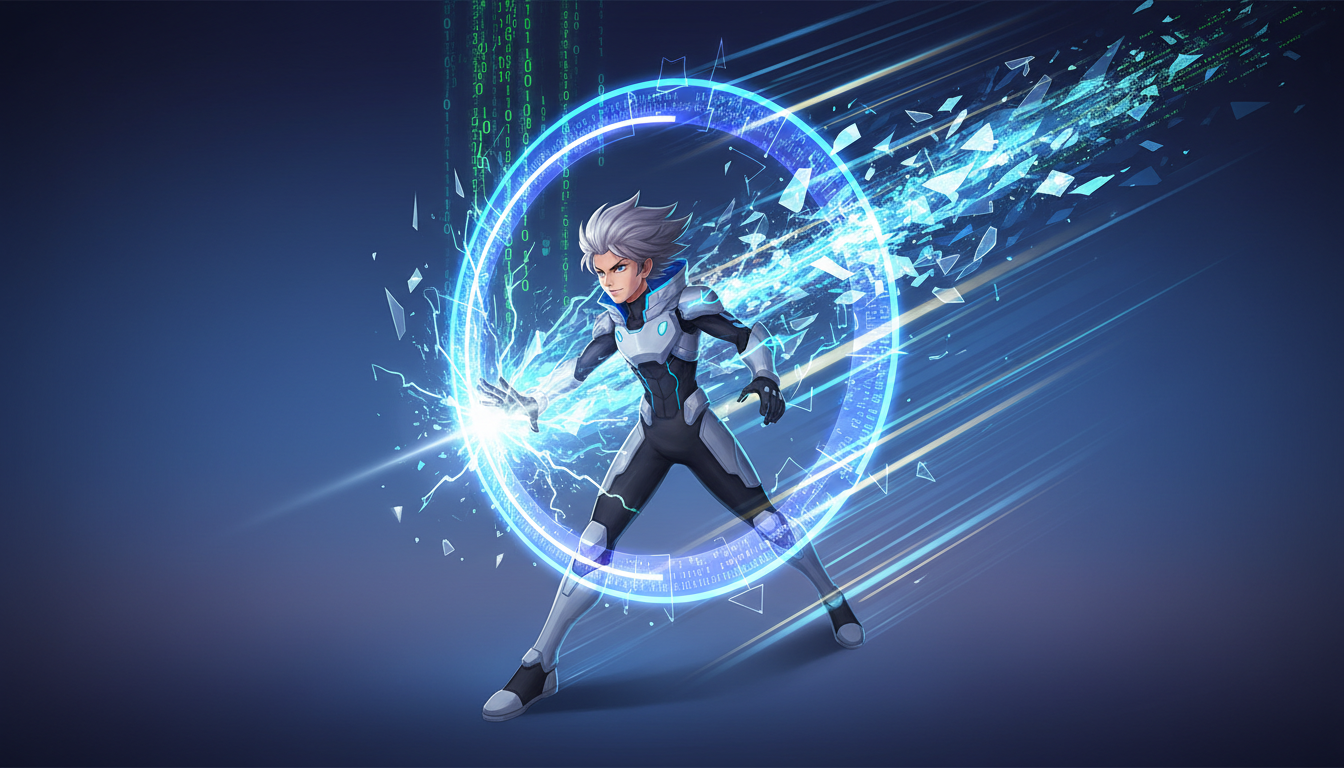 A digital illustration of an anime character breaking through a glowing circular loop, symbolizing breaking out of repetitive AI chat patterns.