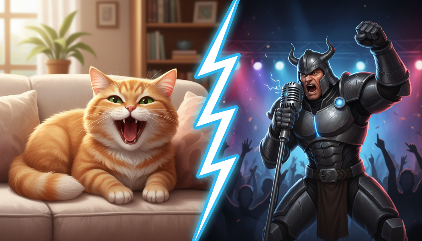 An illustration showing the contrast between a sleepy cat and a dramatic warrior character, representing comedic contrast in video editing.
