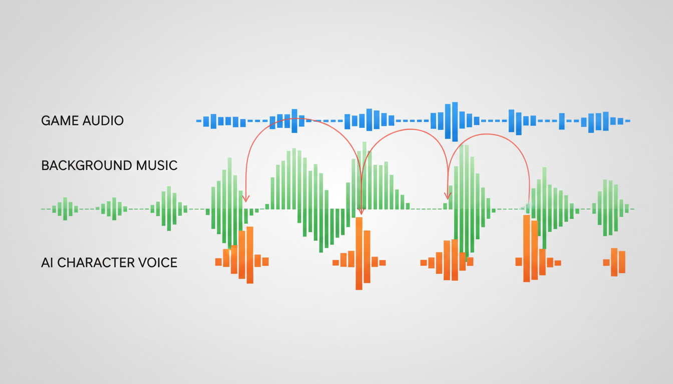 A visual diagram of a video editor's audio timeline showing sidechain compression and audio ducking for synthetic voices.