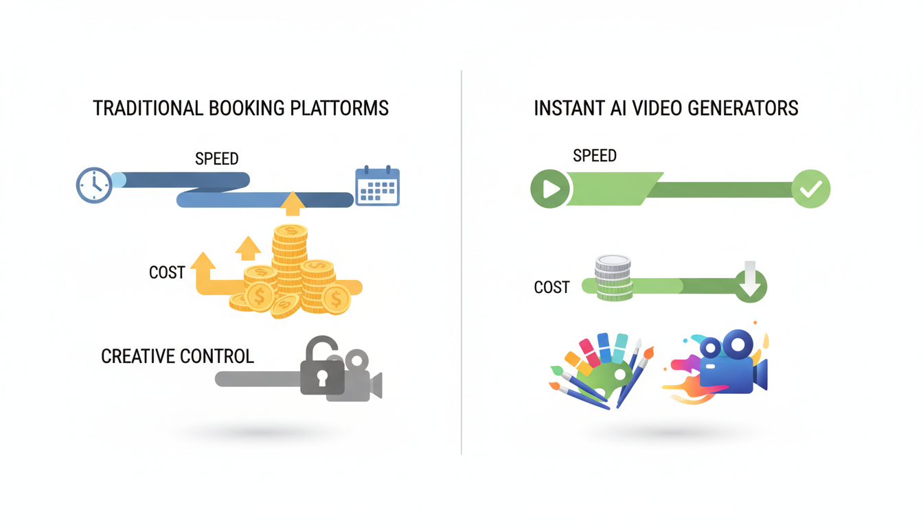 Comparison chart showing traditional celebrity video booking versus instant AI video generators.
