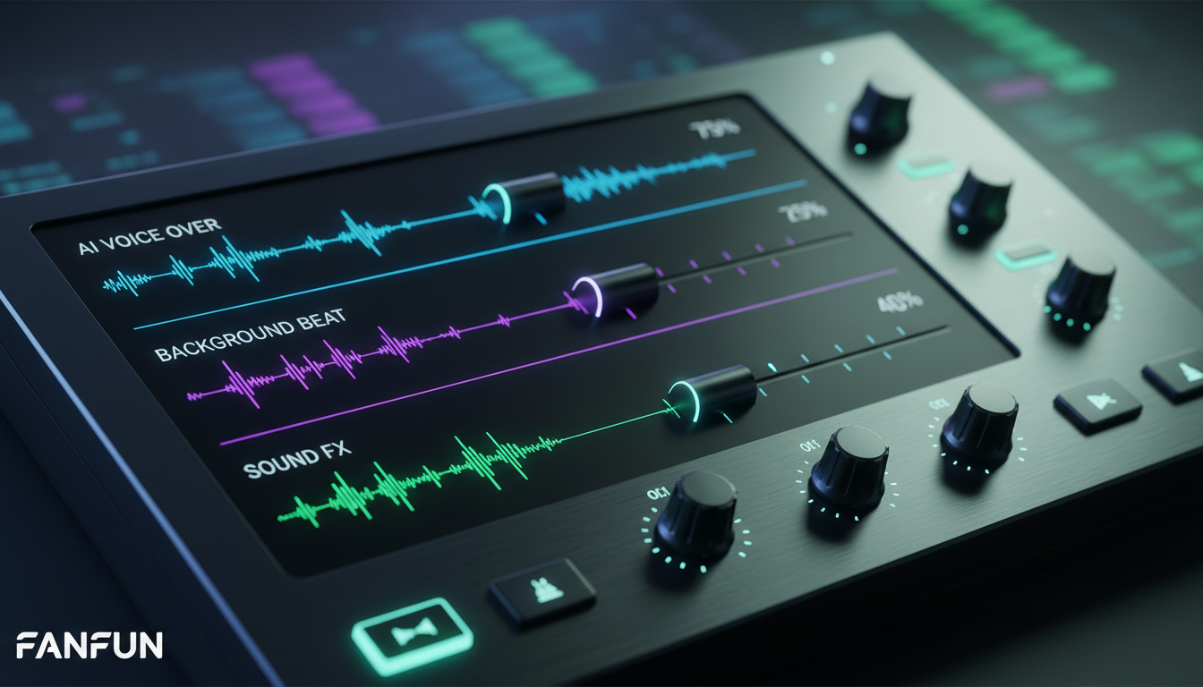 Close-up of a digital audio workstation mixer panel showing tracks for voice, music, and sound effects.