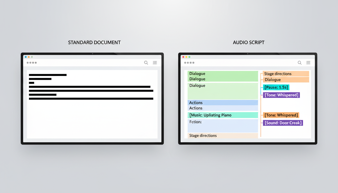 A comparison showing a standard fanfic text next to an AI-optimized audio script with pacing and tone tags.