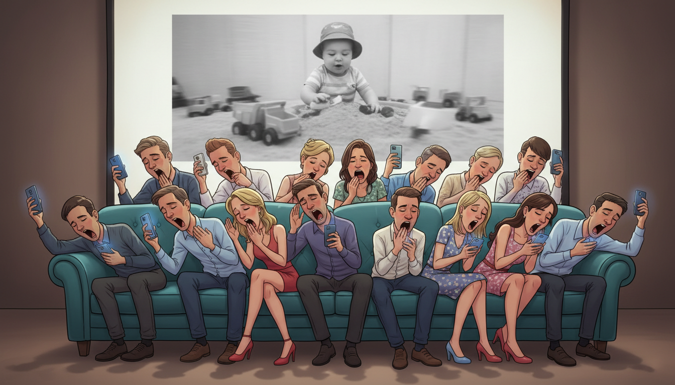 A humorous illustration of bored party guests watching a tedious, slow-motion childhood photo slideshow.