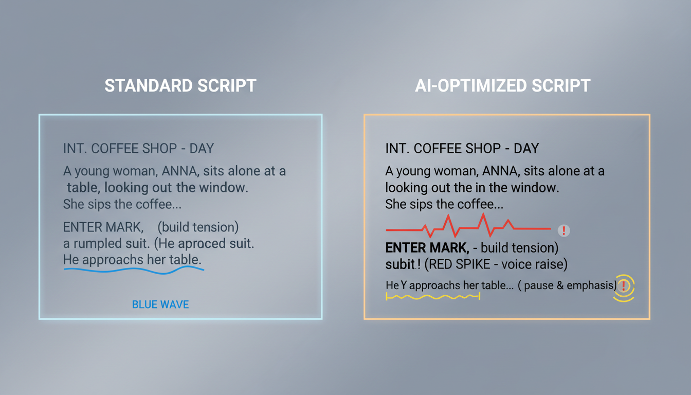 A comparison graphic showing a standard script versus an AI-optimized sports commentary script with punctuation formatting.