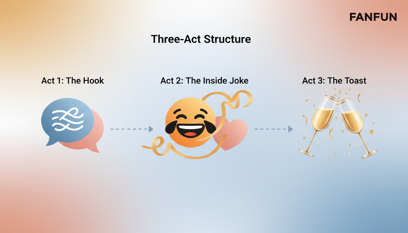 A diagram illustrating the three-act structure for a wedding video message: The Hook, The Inside Joke, and The Toast.