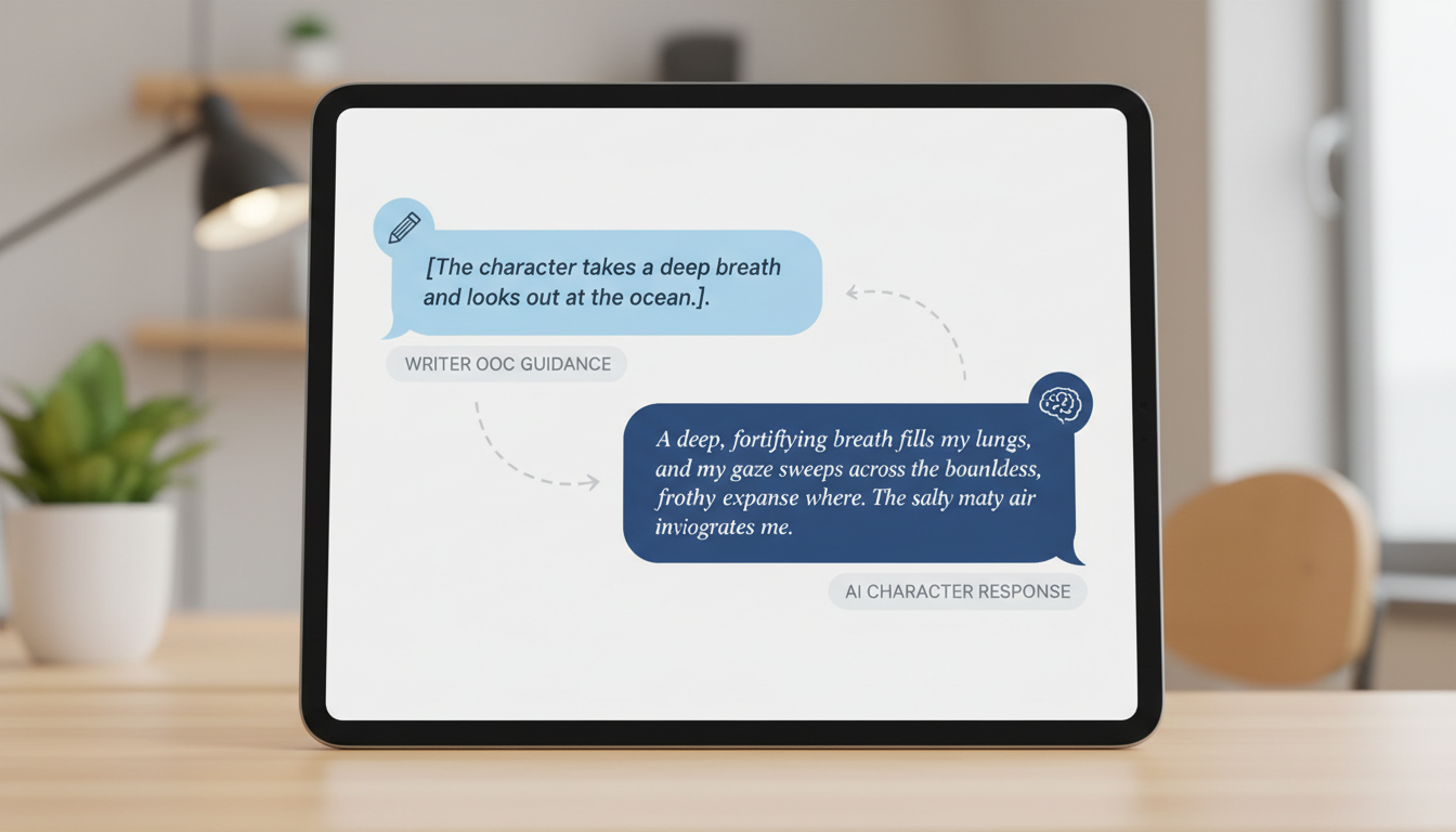 An infographic showing how to use Out-of-Character brackets to direct an AI character chat during a creative writing session.