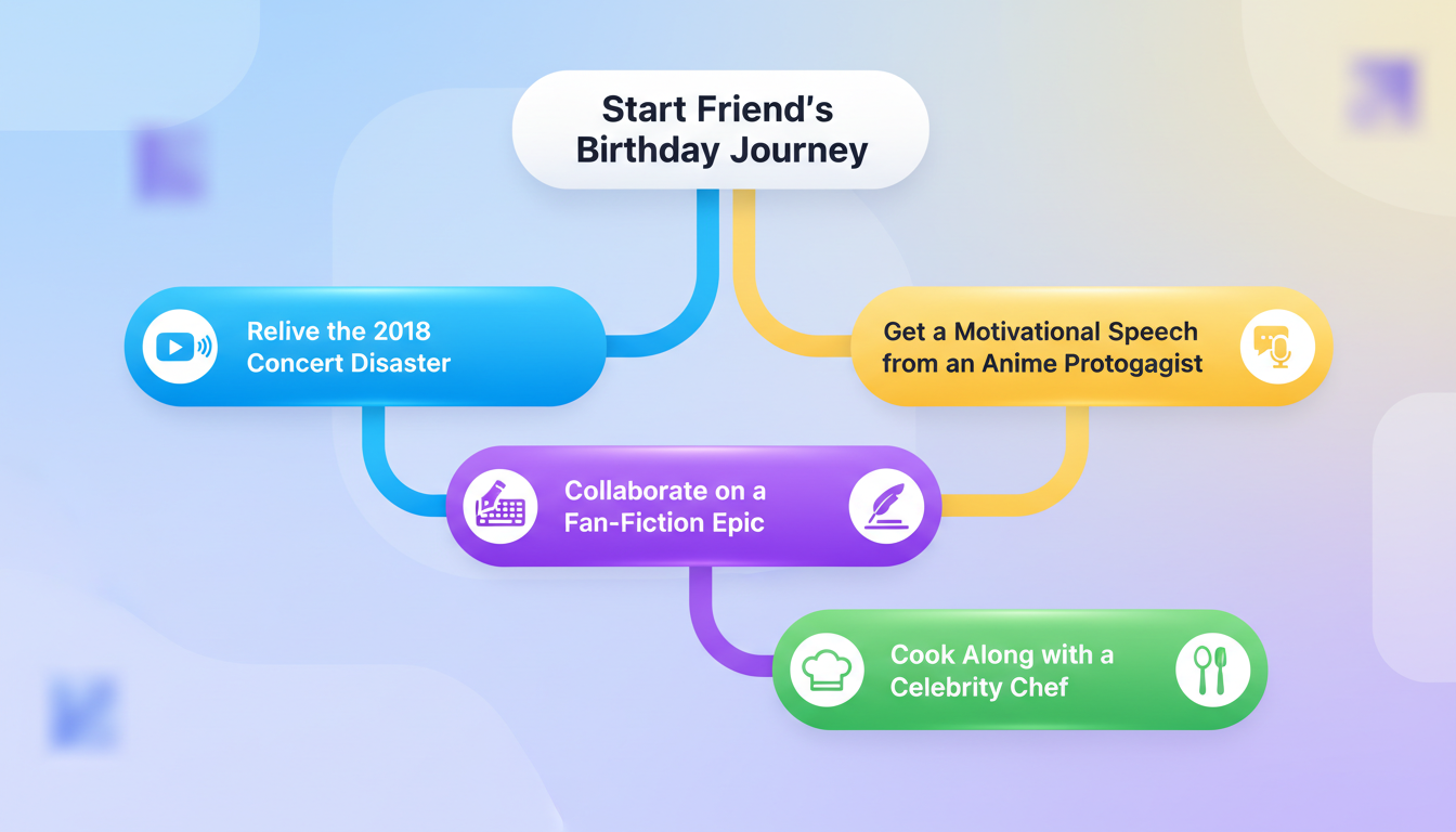 A colorful flowchart showing the branching paths of an interactive, choose-your-own-adventure digital greeting card.