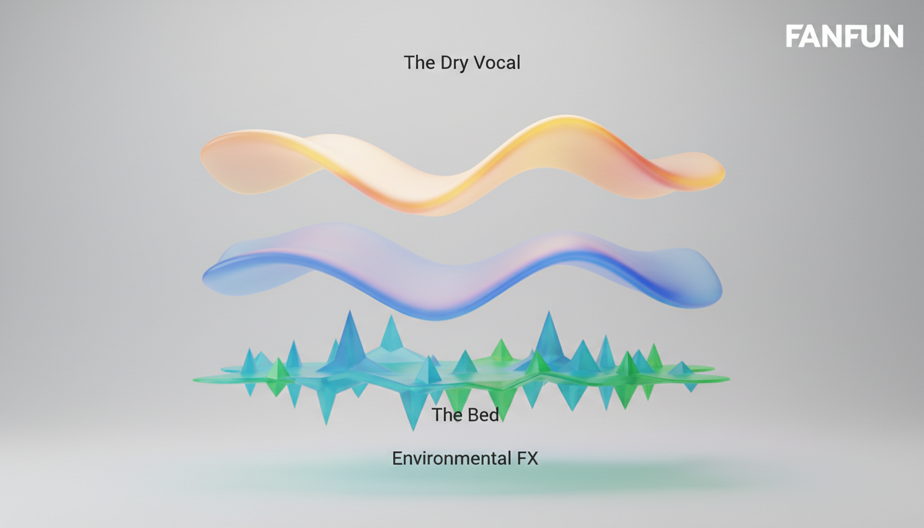 A 3D abstract visualization of three audio layers: vocal track, music bed, and sound effects.