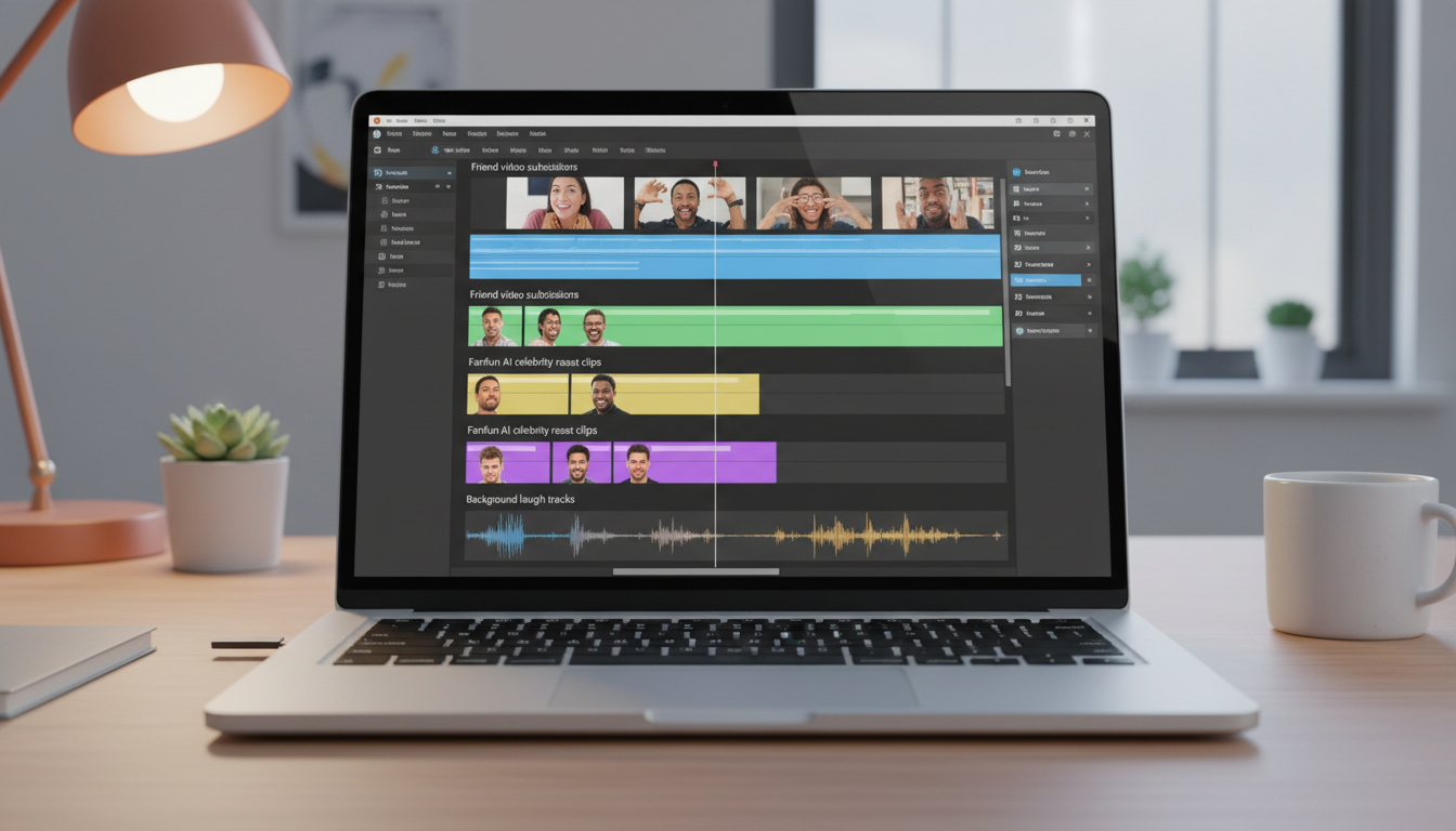 A laptop screen displaying a video editing software timeline where different digital roast elements are being compiled into a single video.