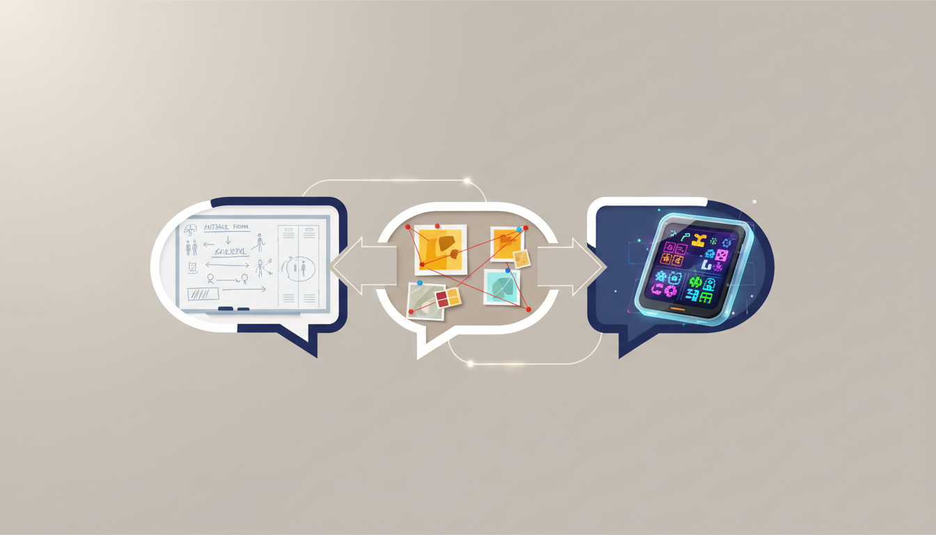 Infographic depicting three AI chat scenarios for conversational practice: athletic press conference, creative brainstorm, and empathetic problem-solving.