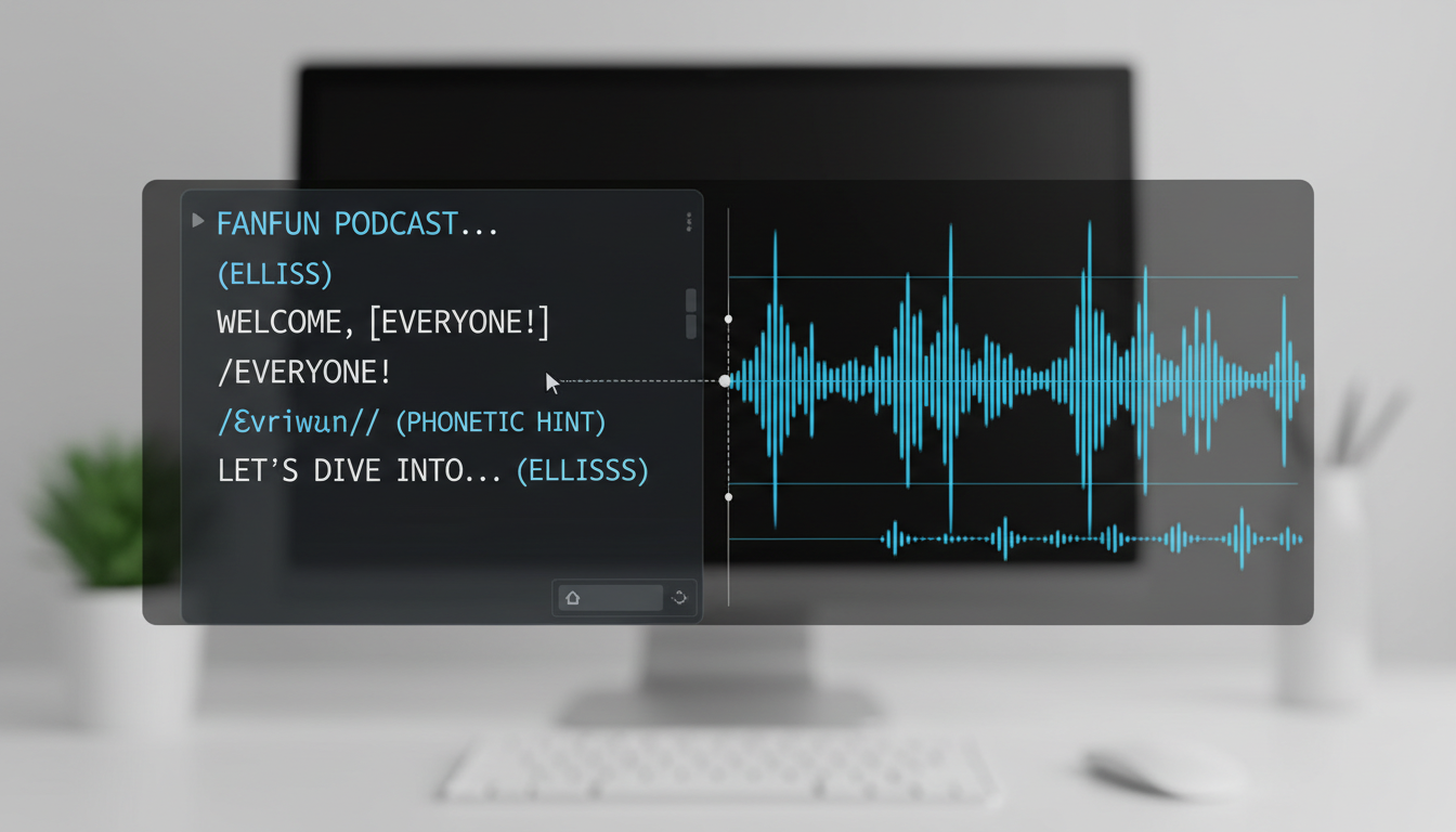 A split screen showing a formatted script with punctuation notes next to a corresponding audio waveform.