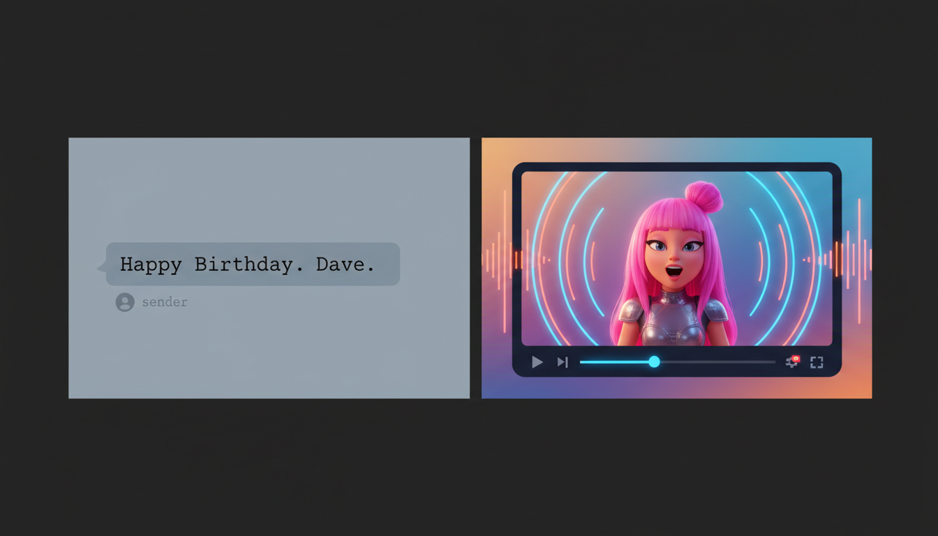 Comparison between a boring text message and a dynamic, character-driven AI video greeting.