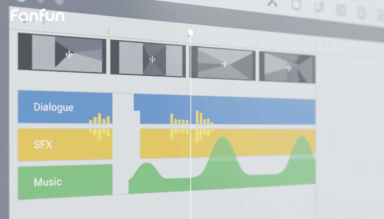 A diagram of a video editing timeline showing color-coded tracks for dialogue, sound effects, and music to demonstrate perfect audio-visual sync.