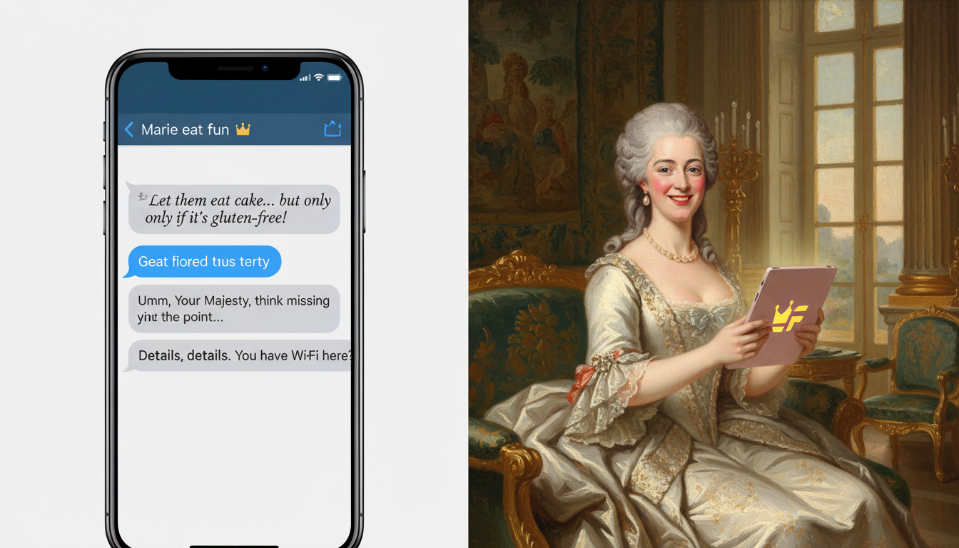 A creative split-screen illustration showing a modern chat interface with Marie Antoinette on one side, and her painted portrait holding a modern tablet on the other.