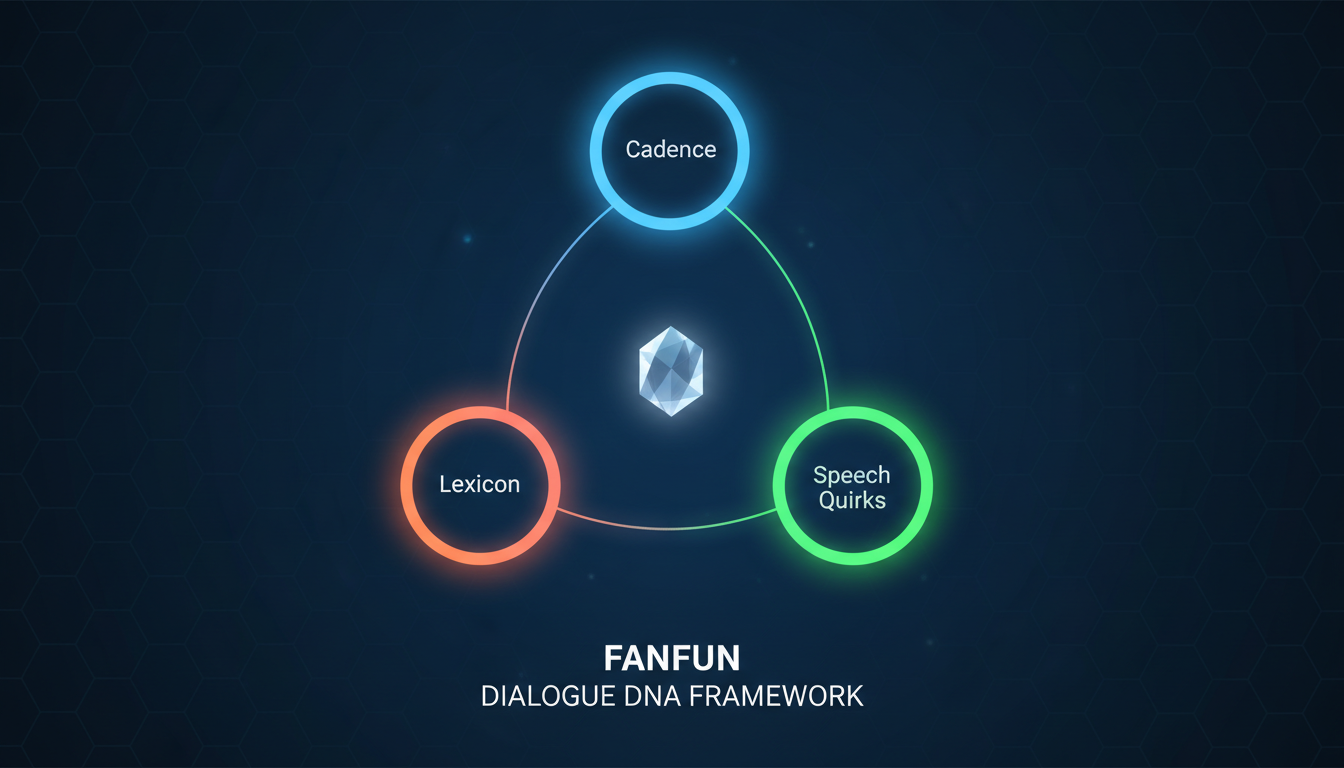 An infographic diagram outlining the three pillars of Character Dialogue DNA: Cadence, Lexicon, and Speech Quirks.