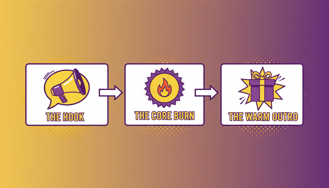 A visual flowchart outlining the three-step scripting framework for writing an AI video roast, featuring icons for the hook, the core burn, and the warm outro.