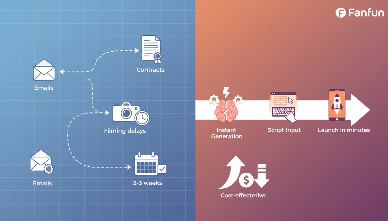 An infographic comparing the production timelines of traditional creator bookings versus instant Fanfun AI video generation.