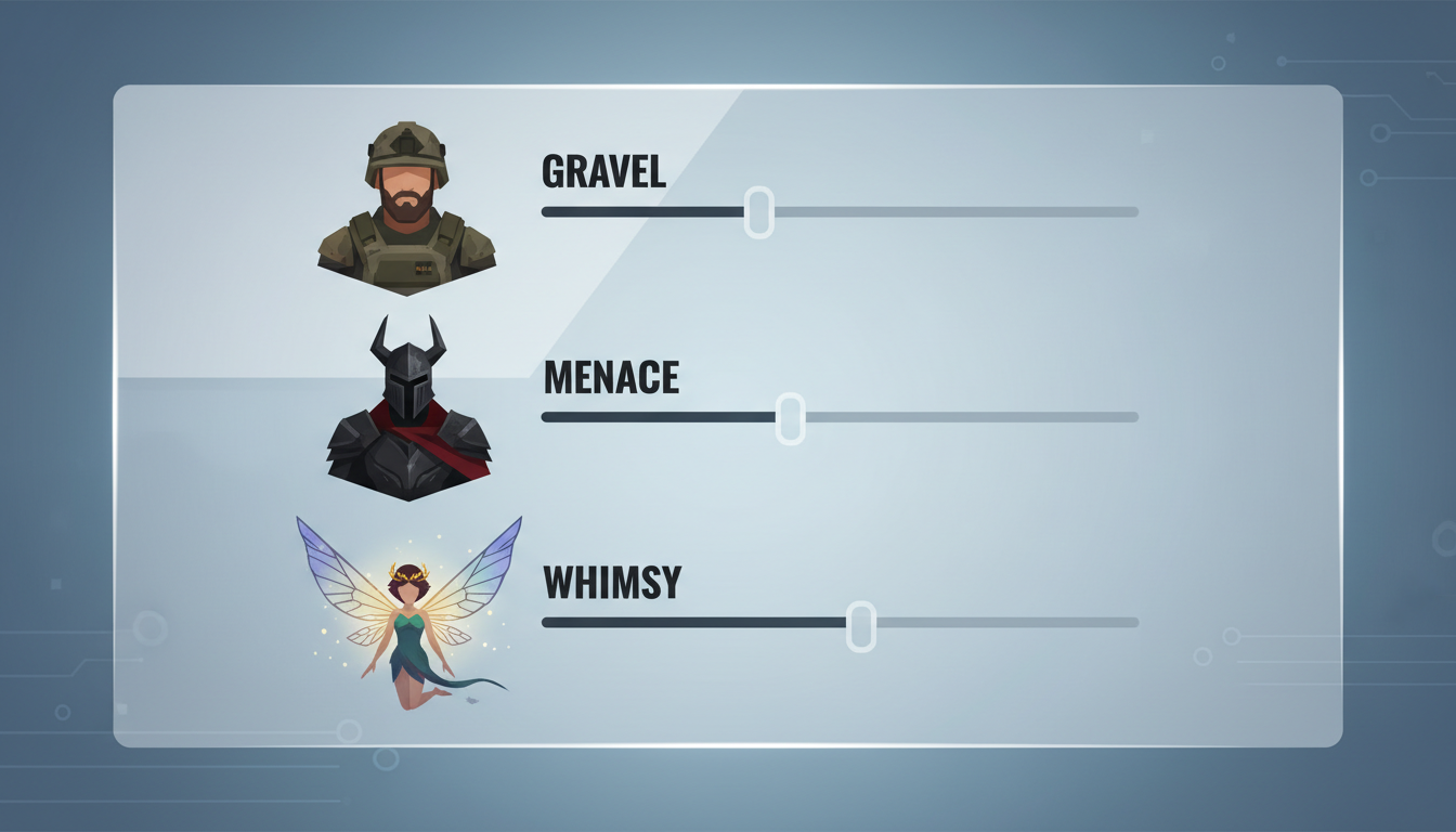 A digital UI design showing vocal parameter sliders for different video game character archetypes.