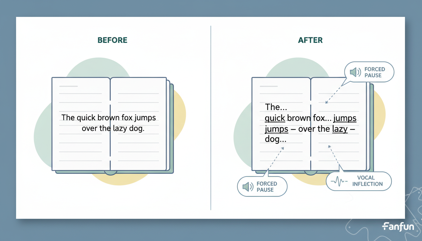 An infographic comparing standard text input with optimized, phonetically adjusted text input designed to make text-to-speech sound more natural.