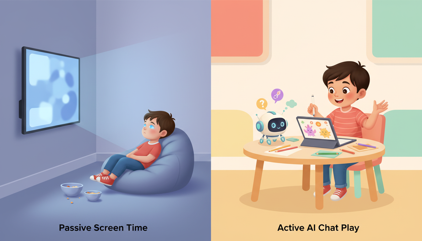 An illustrative diagram comparing the cognitive engagement of passive TV watching versus active, interactive AI character chat.