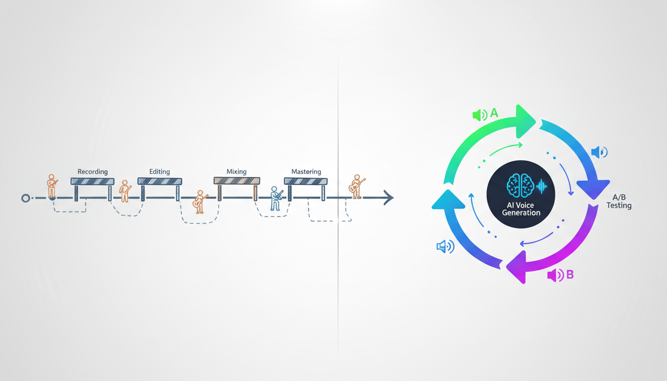 An infographic comparing the slow, linear traditional voice recording process with the fast, agile AI voice generation workflow.