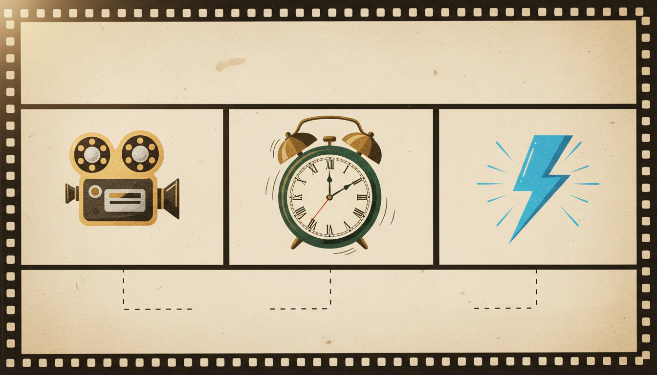 A stylized three-step storyboard infographic showing Scene, Stakes, and Catalyst for AI character chat setup.