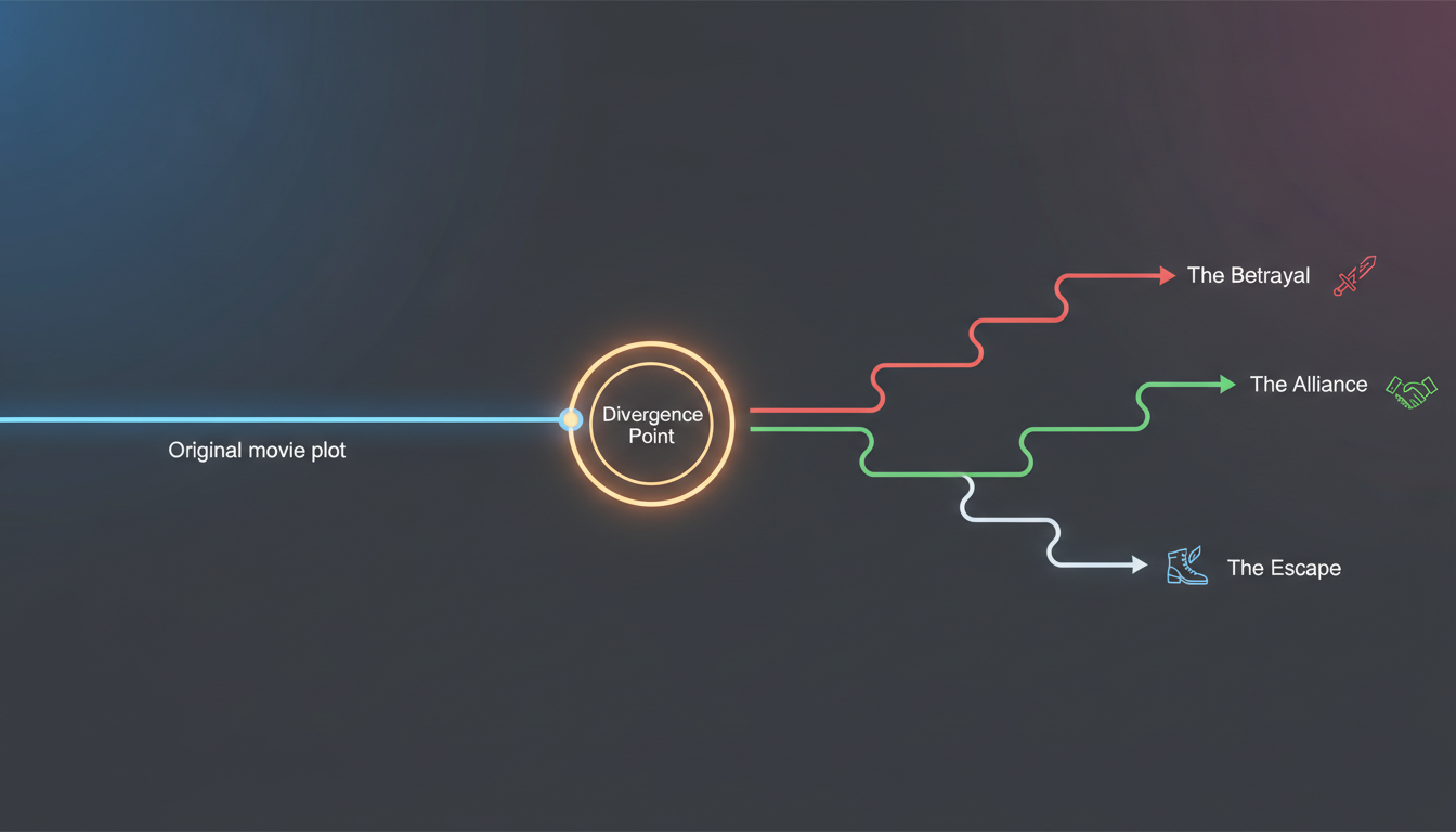 An infographic diagram showing a movie timeline splitting into three alternate narrative paths at a divergence point.