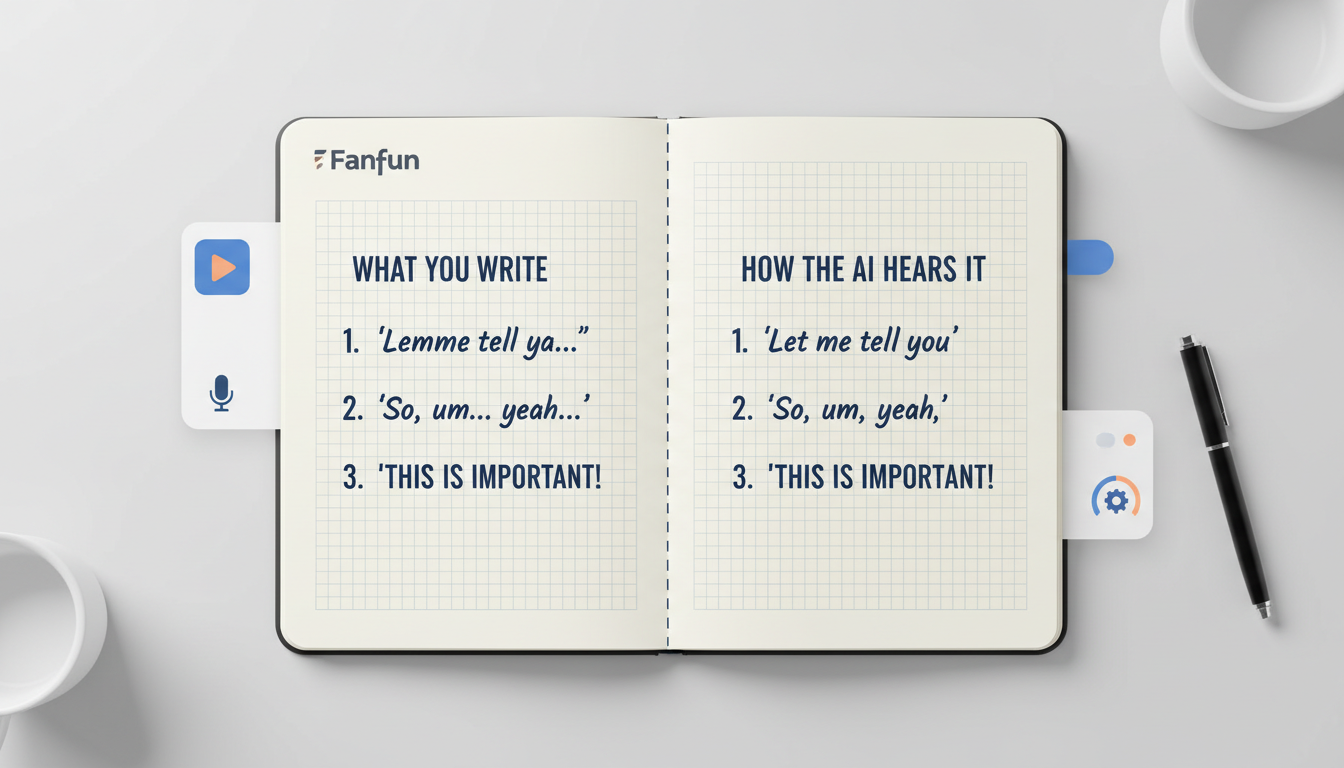 An infographic showing text-to-speech formatting tips, comparing standard script text with optimized phonetic and punctuated text for AI voice generation.