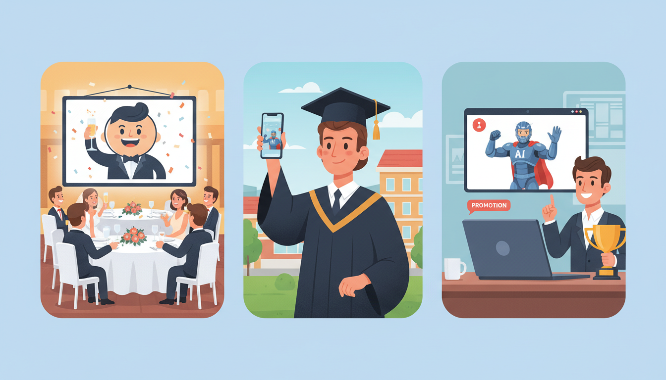 Graphic illustration of three scenarios where custom AI congratulations videos are delivered for weddings, graduations, and promotions.
